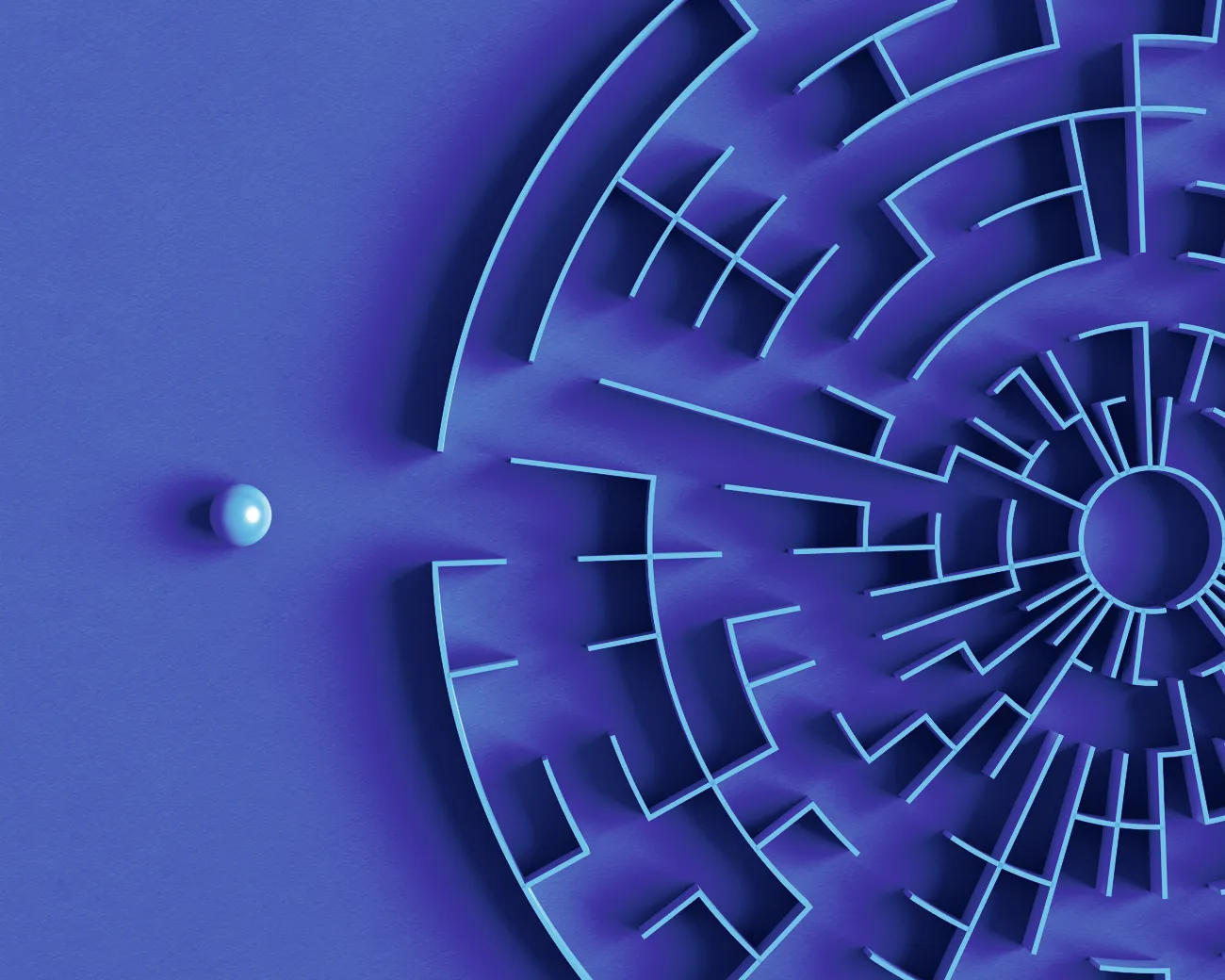 A marble rolling out of a blue maze represents how divorce receivership and estate receivership help resolve disputes over real estate