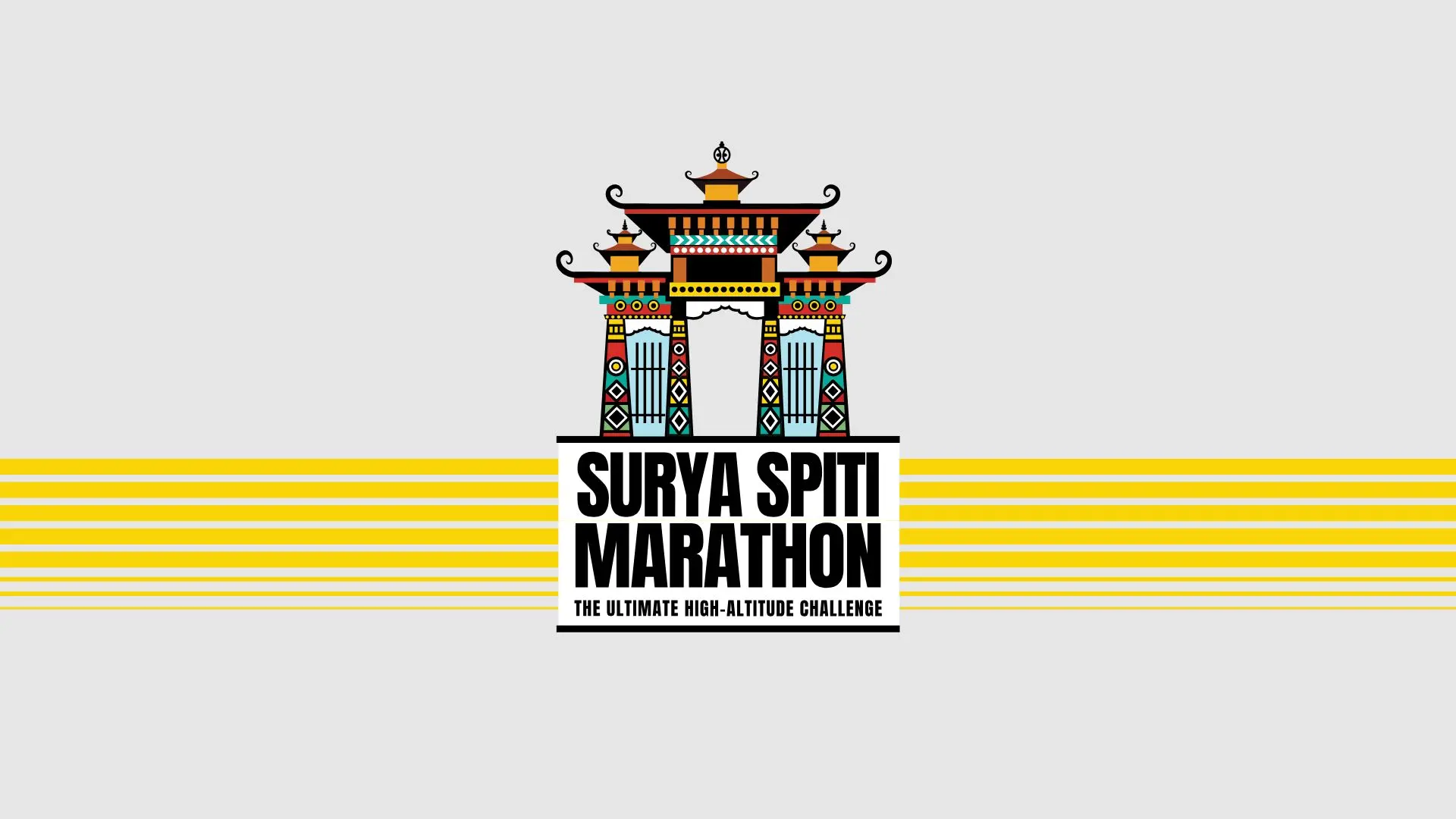 Colorful stylized gate above text reading Surya Spiti Marathon, the ultimate high-altitude challenge.