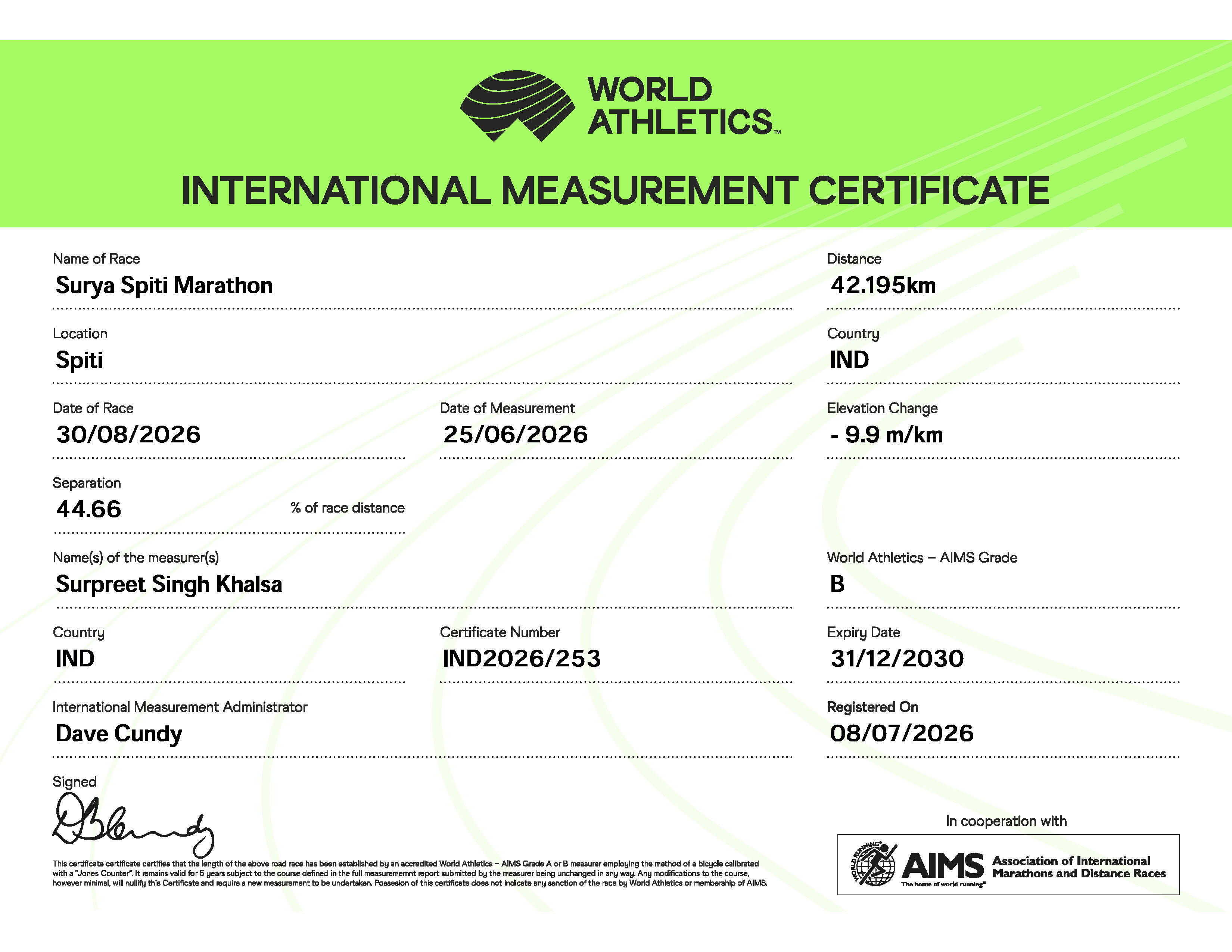 World Athletics International Measurement Certificate for Surya Spiti Marathon, 42.195km in Spiti, India.