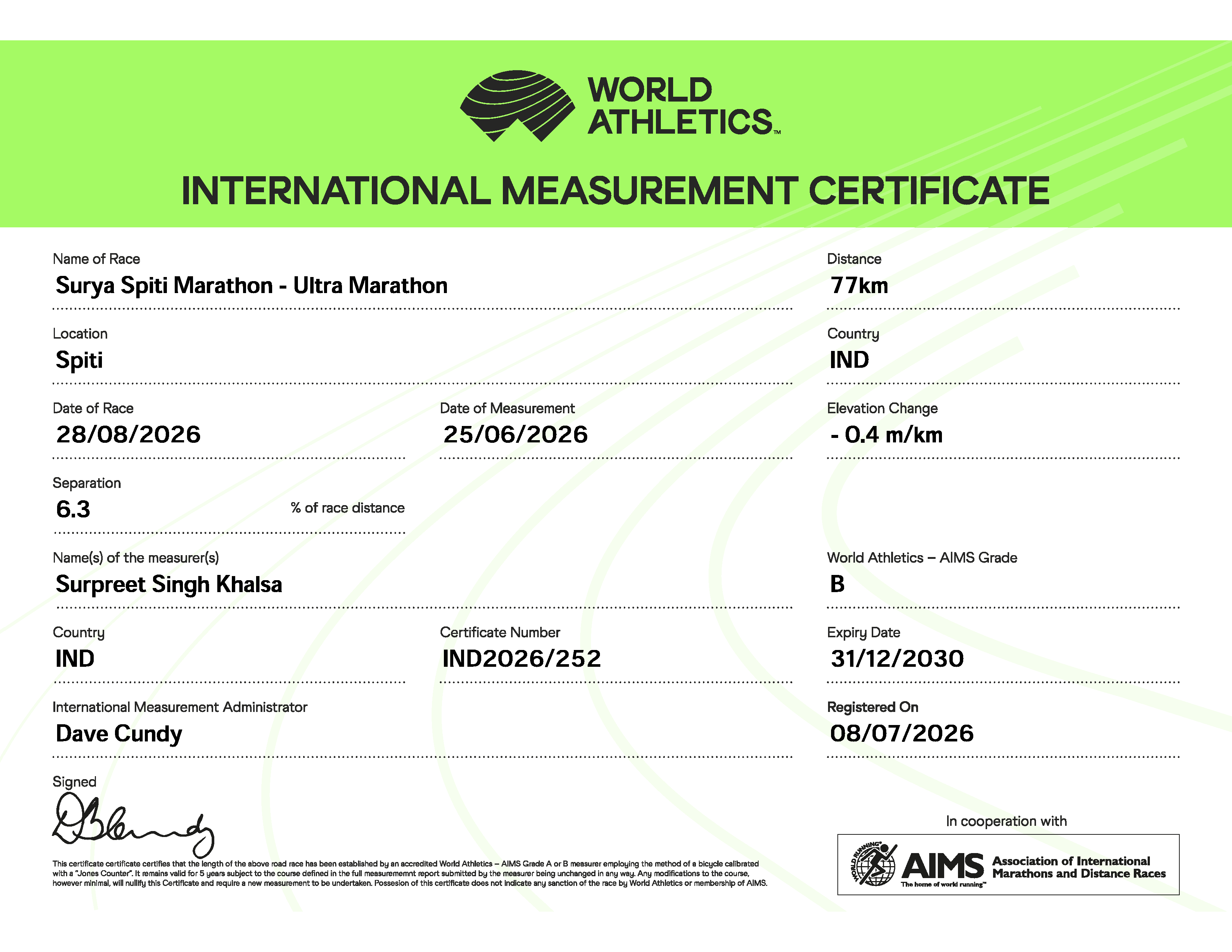 World Athletics International Measurement Certificate for Surya Spiti Ultra Marathon, 77km in Spiti, India, dated 2026.