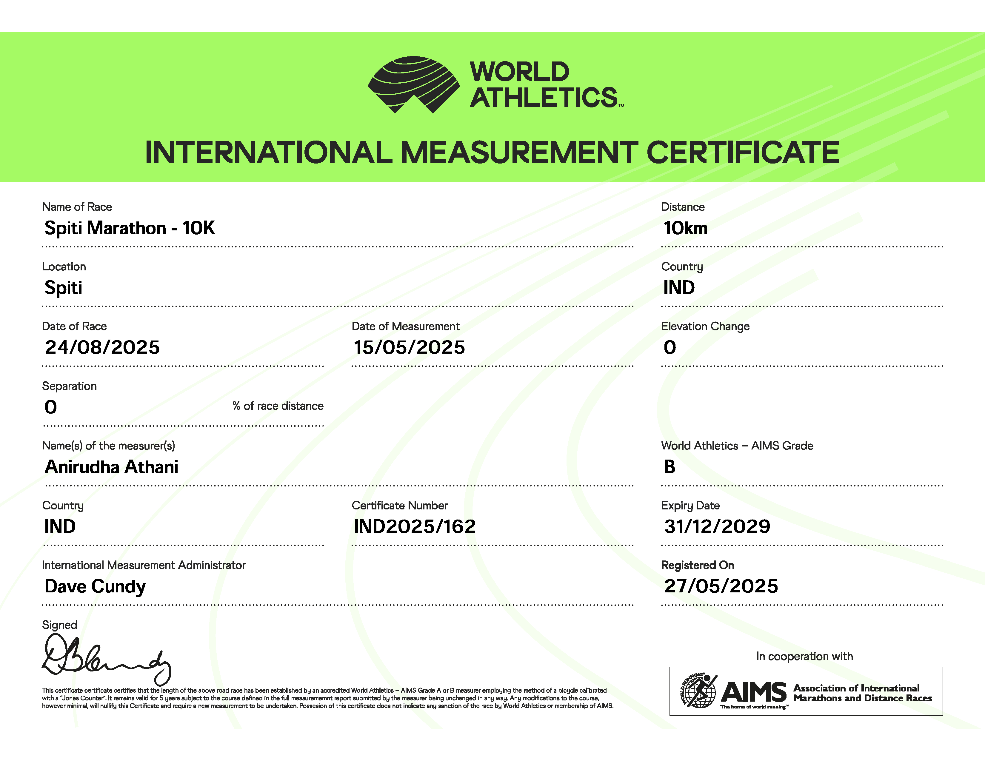 World Athletics International Measurement Certificate for Spiti Marathon 10K race in India dated 24/08/2025.