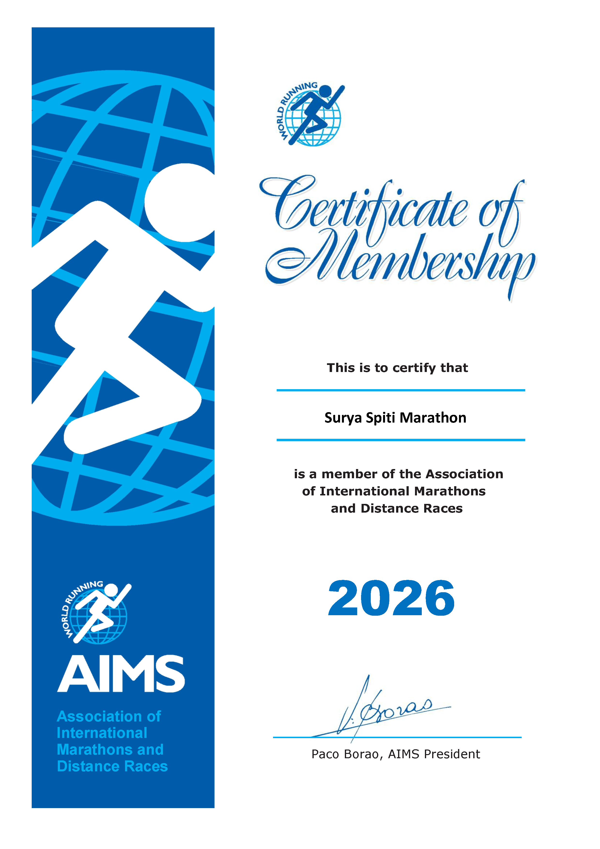 Certificate of Membership for Surya Spiti Marathon from Association of International Marathons for 2026.