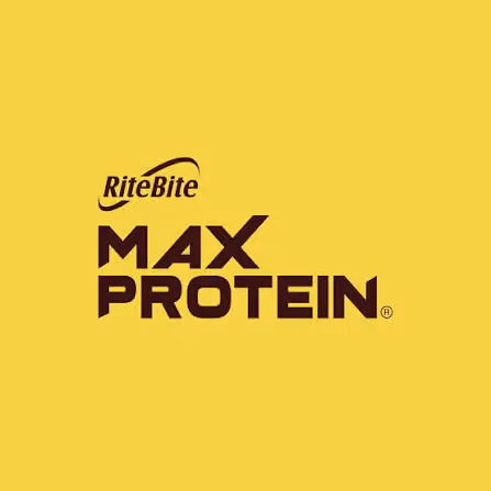 RiteBite Max Protein logo on a yellow background.