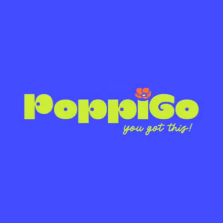 Poppigo logo in lime green on blue background with small orange flower and text 'you got this!'