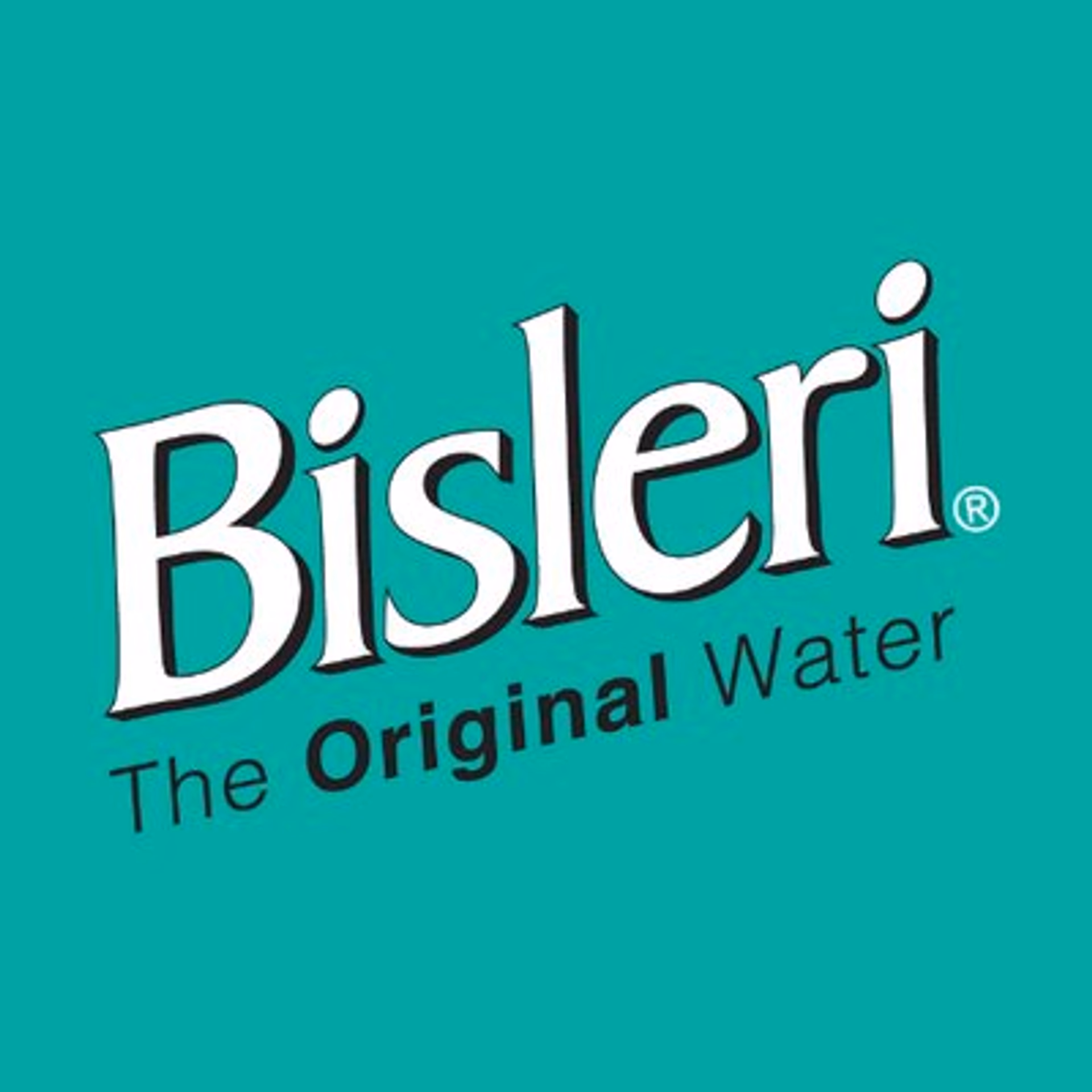 Bisleri brand logo with tagline The Original Water on a greenish-blue background.