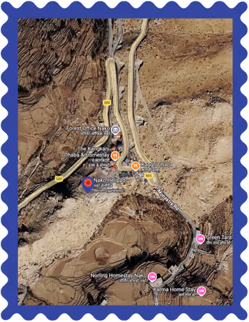 Satellite map showing roads, trails, and homestays near Nako Helipad in a mountainous region.