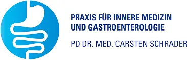 Logo mit stilisiertem Verdauungstrakt und Text Praxix für Innere Medizin und Gastroenterologie, PD Dr. med. Carsten Schrader.