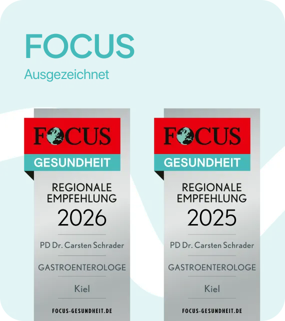 FOCUS Gesundheit Auszeichnung für PD Dr. Carsten Schrader als regional empfohlener Gastroenterologe 2025 in Kiel.
