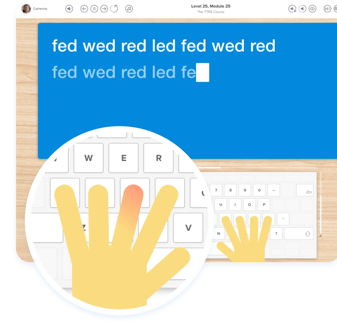Typing lesson with on-screen keyboard and hand guidance