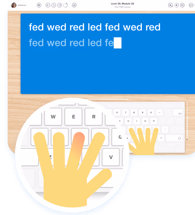 Typing lesson with on-screen keyboard and hand guidance