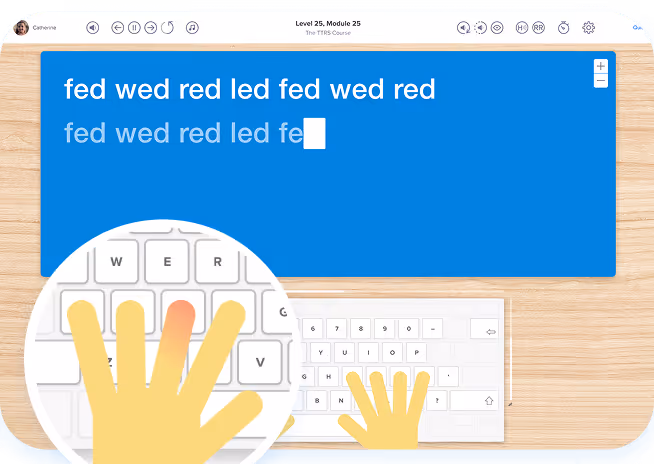 Typing lesson with on-screen keyboard and hand guidance