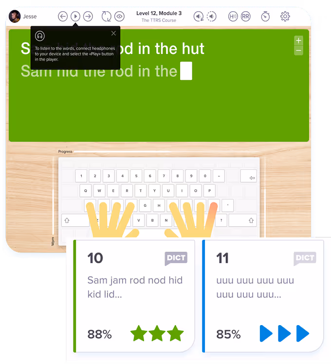 Typing lesson with on-screen keyboard and word practice