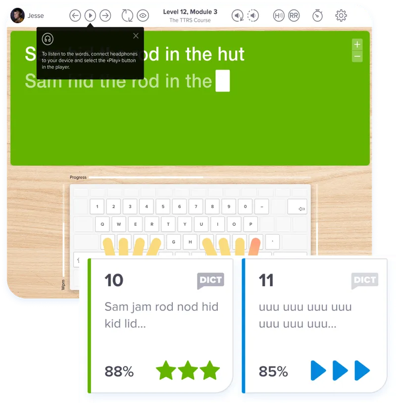 Typing lesson with on-screen keyboard and word practice