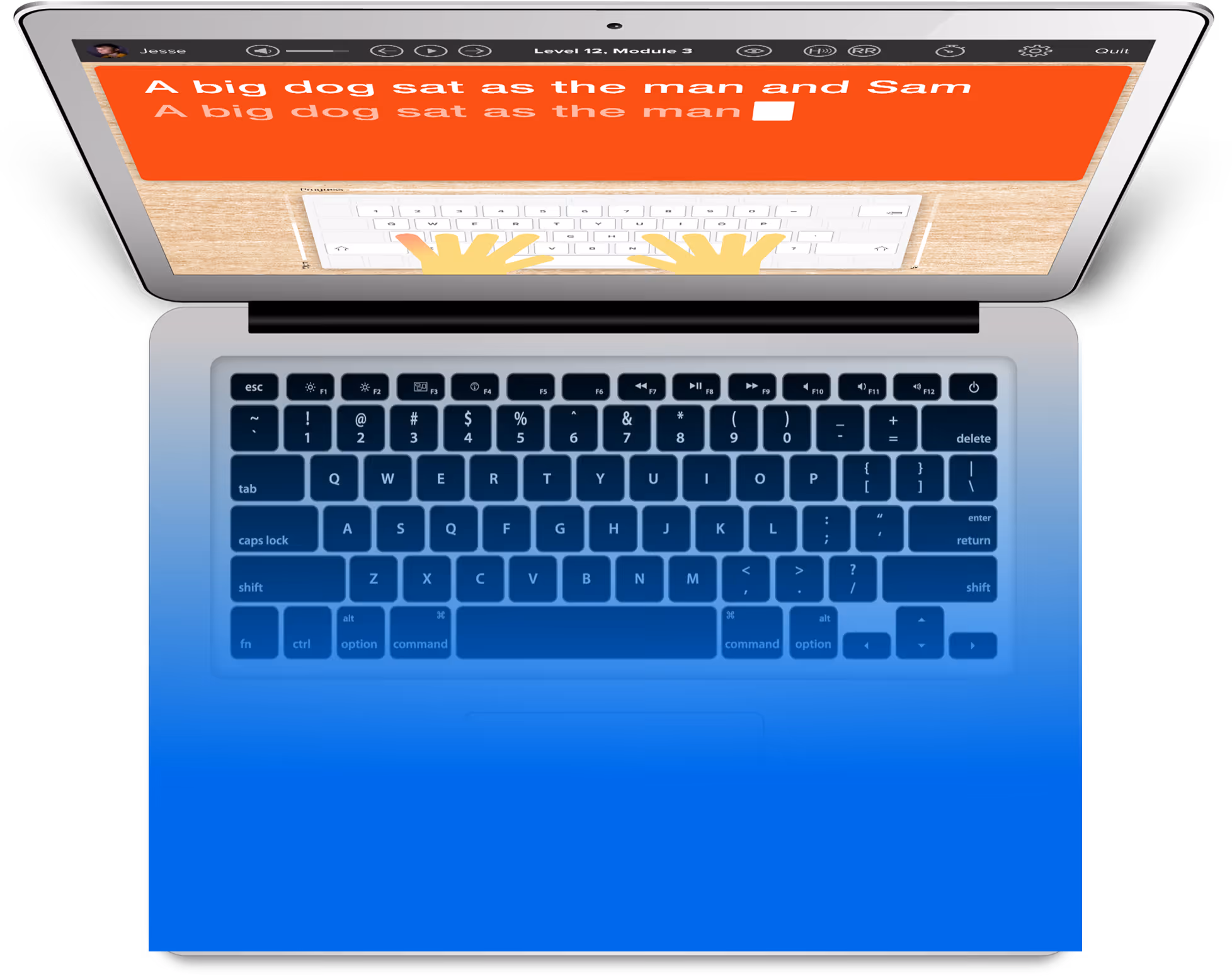 Typing course interface on a laptop screen