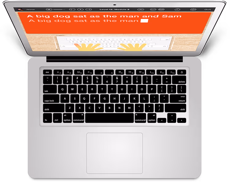 Typing course interface on a laptop screen