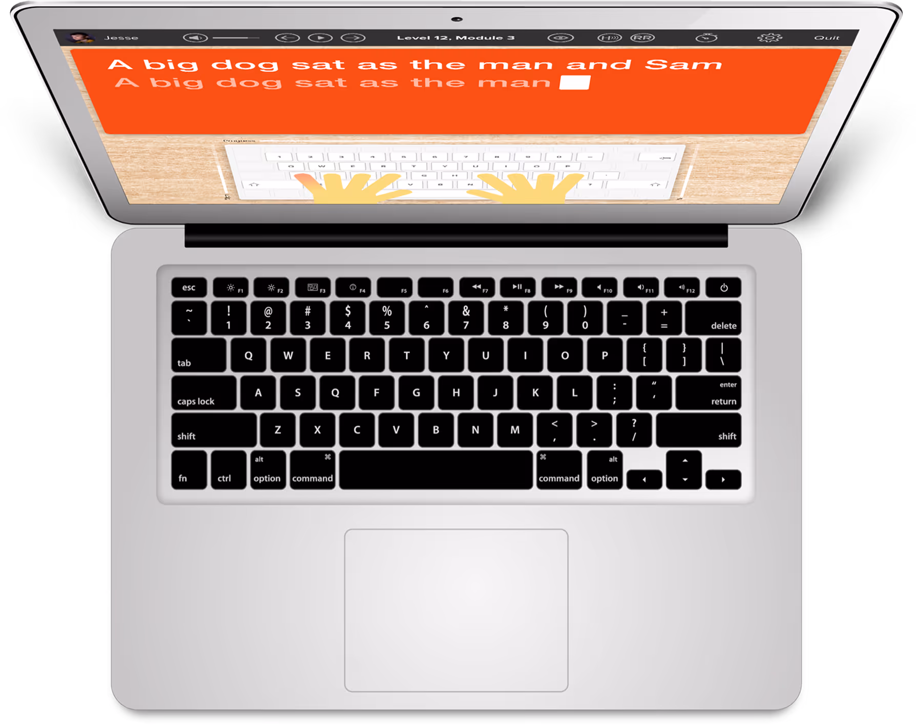 Typing course interface on a laptop screen