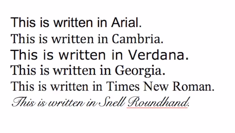 Examples of different fonts including Times New Roman and Arial