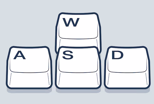 The ring finger of the left hand sits on “S” but moves up for “W” and down for the “Z” key.