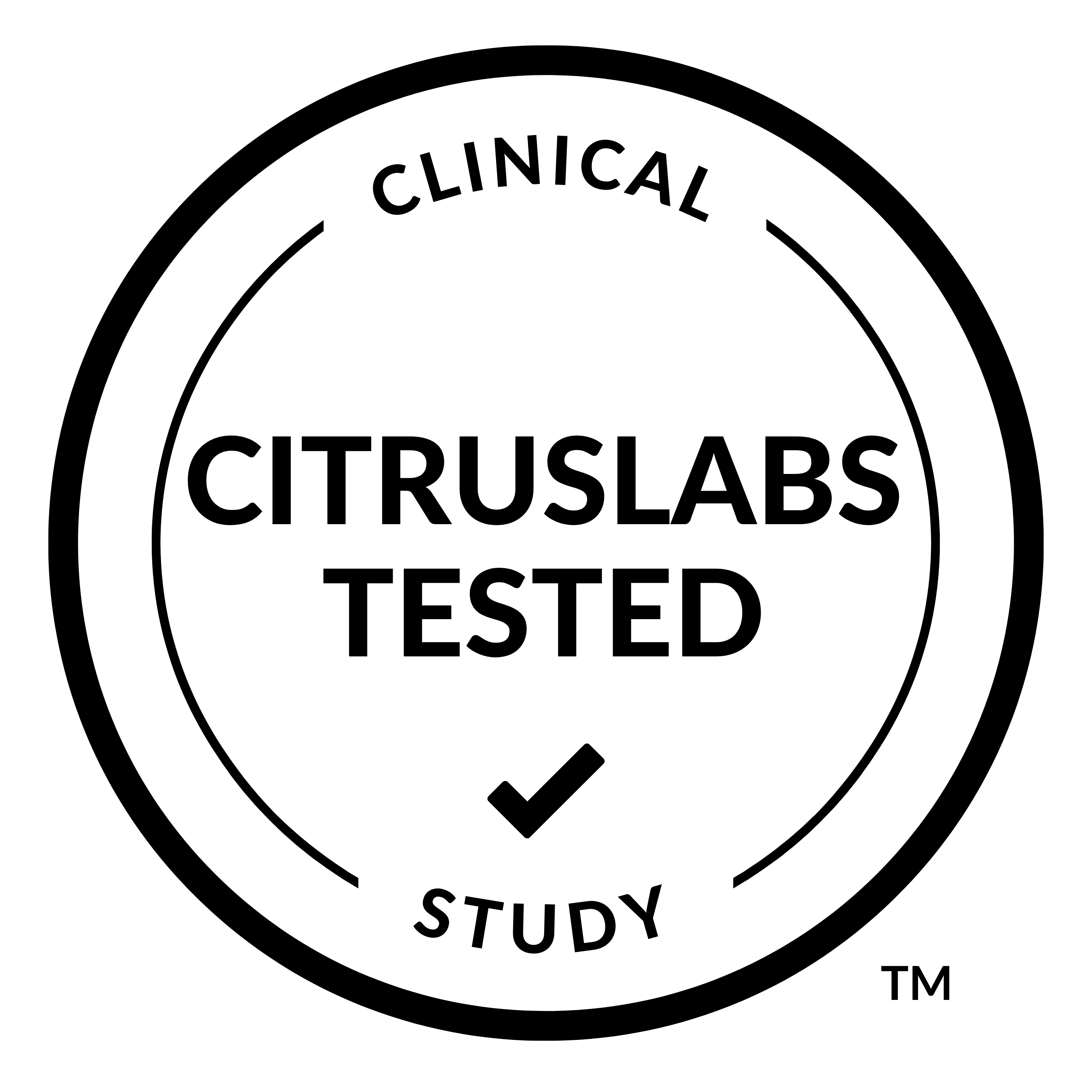Circular white seal with black text reading 'Clinical CITRUSLABS TESTED Study' and a black checkmark in the center.