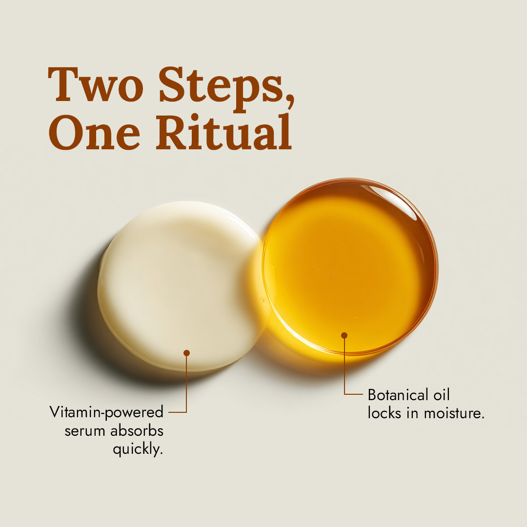 Two white rectangular boxes of RYSN skincare products on a brown pine needle forest floor with a pine cone beside them; the left box is Cellular Boosting Body Serum labeled Step 1, and the right box is Restorative Body Oil labeled Step 2, each with brief benefits listed.