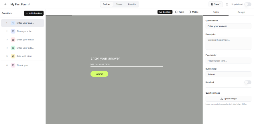Upform drag-and-drop form builder interface