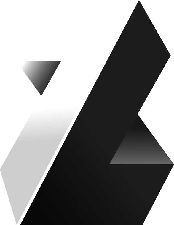 Abstract geometric shapes forming a stylized, sharp-edged logo with grayscale gradients.
