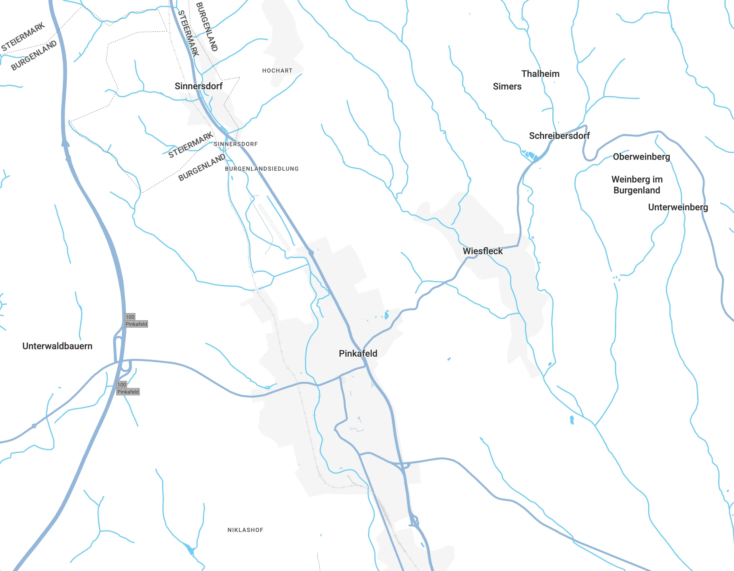 Map showing Pinkafeld and surrounding towns including Sinnersdorf, Unterwaldbauern, Wiesfleck, and Weinberg im Burgenland with roads and waterways.