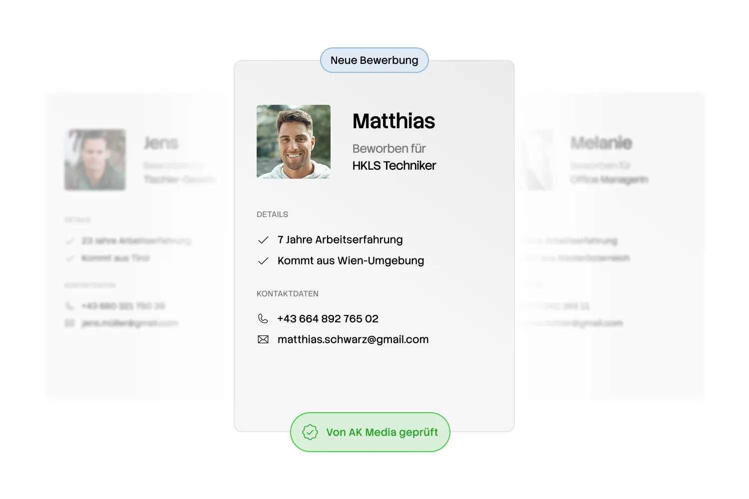 Profile card of Matthias, applicant for HKLS technician with 7 years experience from Vienna area, phone and email shown.