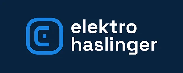 Elektro Haslinger logo with a stylized blue 'e' icon on a dark blue background.