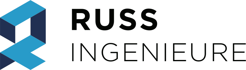 Logo with blue angular geometric shape and text reading RUSS INGENIEURE.
