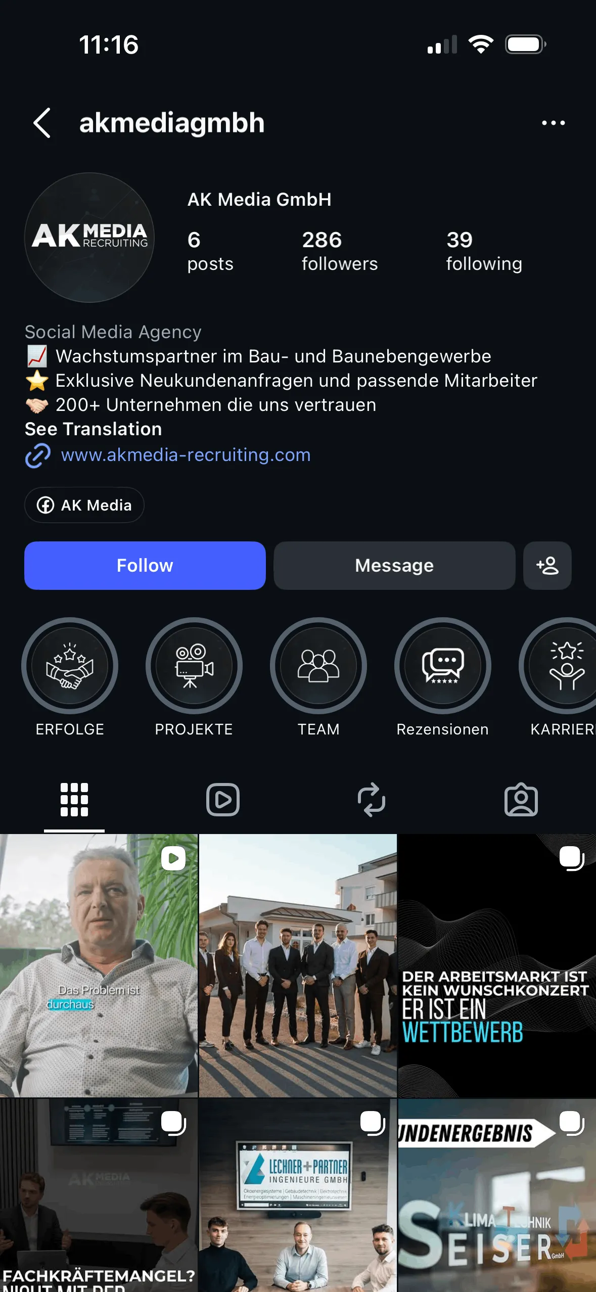 Instagram profile of AK Media GmbH with 6 posts, 286 followers, business info, and team photos.
