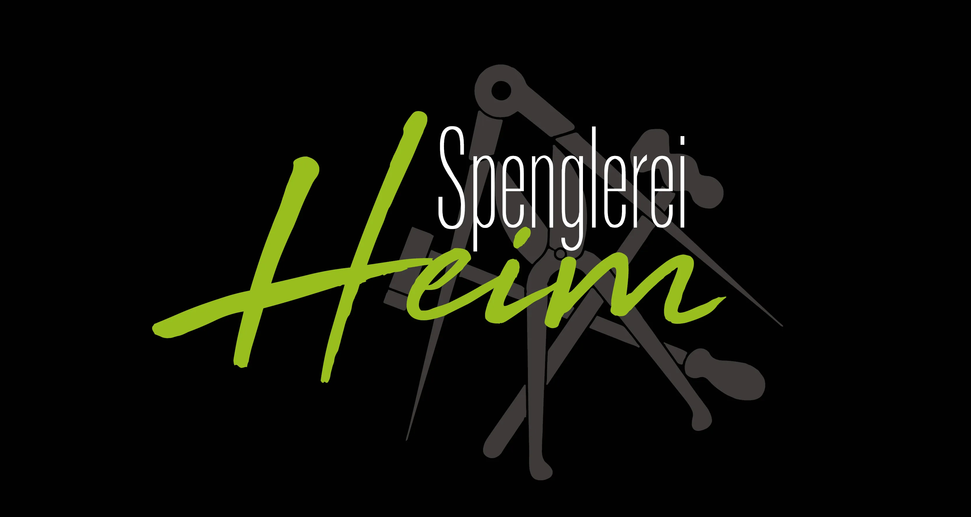 Spenglerei Heim logo with green script text and drafting tools on black background.