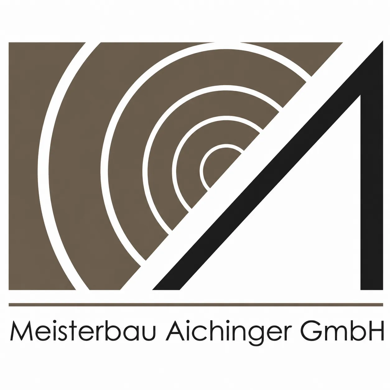 Logo with brown concentric circles and a black angle shape above the text Meisterbau Aichinger GmbH.