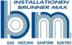 Logo with text INSTALLATIONEN BRUNNER MAX and icons for gas, heating, sanitary, and electric services.