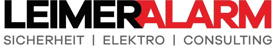 Logo text 'LEIMERALARM' with 'SICHERHEIT | ELEKTRO | CONSULTING' underneath.
