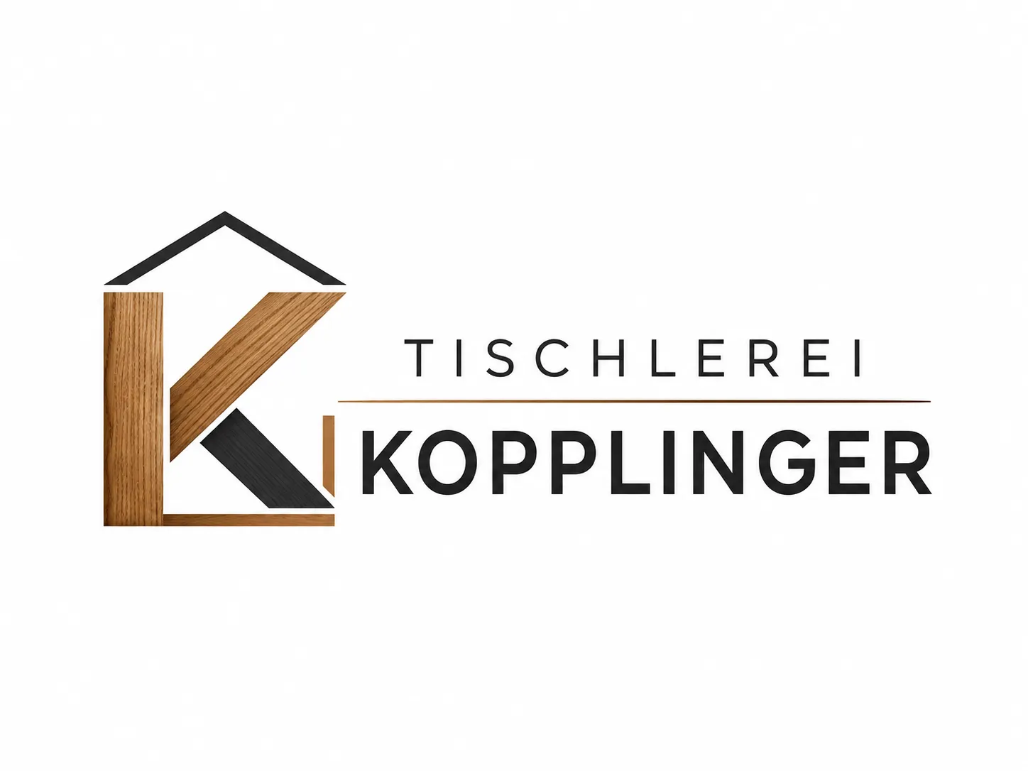 Logo with a wooden letter K shaped like a house with text Tischlerei Kopplinger.