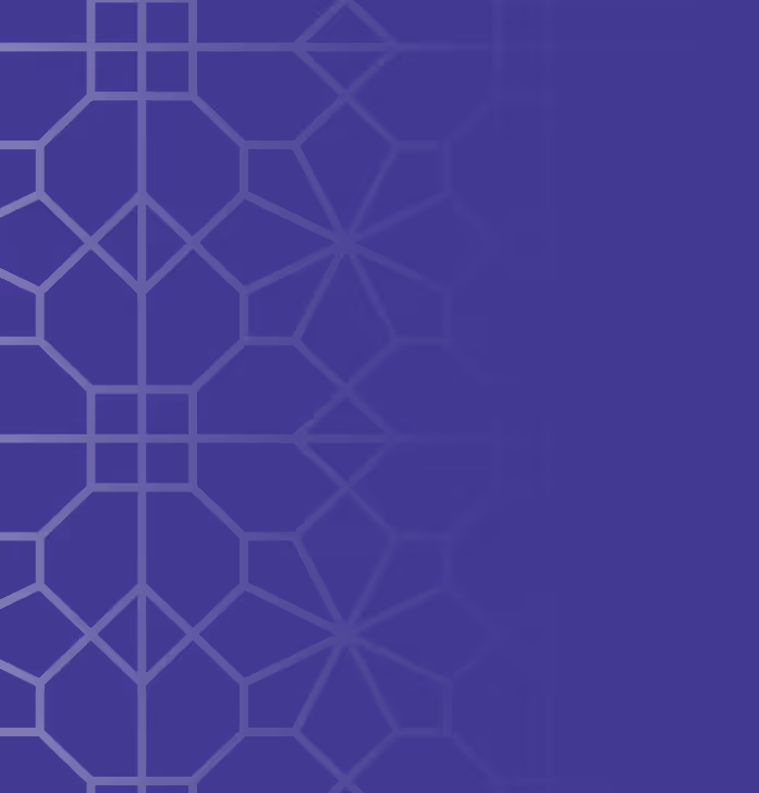Blue background with a geometric pattern of interlocking hexagons and stars on the left side.