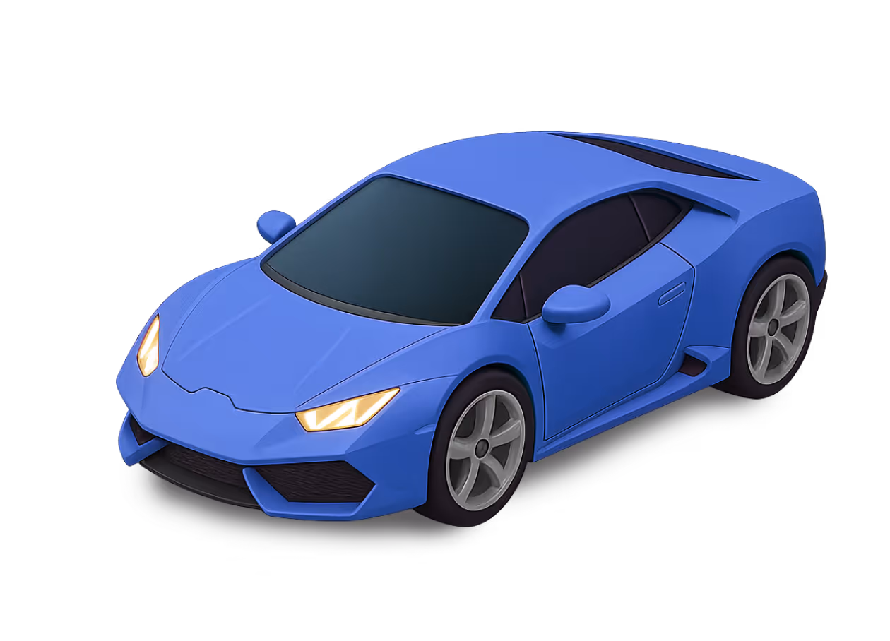 Blue sports car with sleek design and illuminated headlights, viewed from front side.