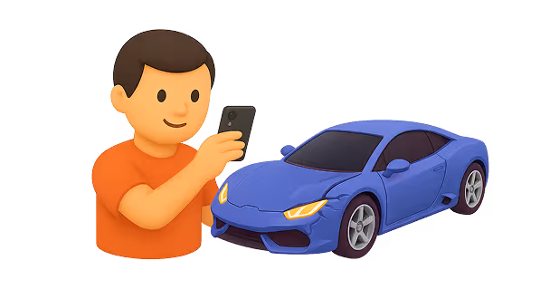 Illustration of a man in an orange shirt taking a photo of a blue sports car with his smartphone.