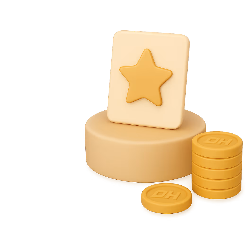 Stack of gold coins with a beige pedestal topped by a rectangular plaque featuring a gold star.