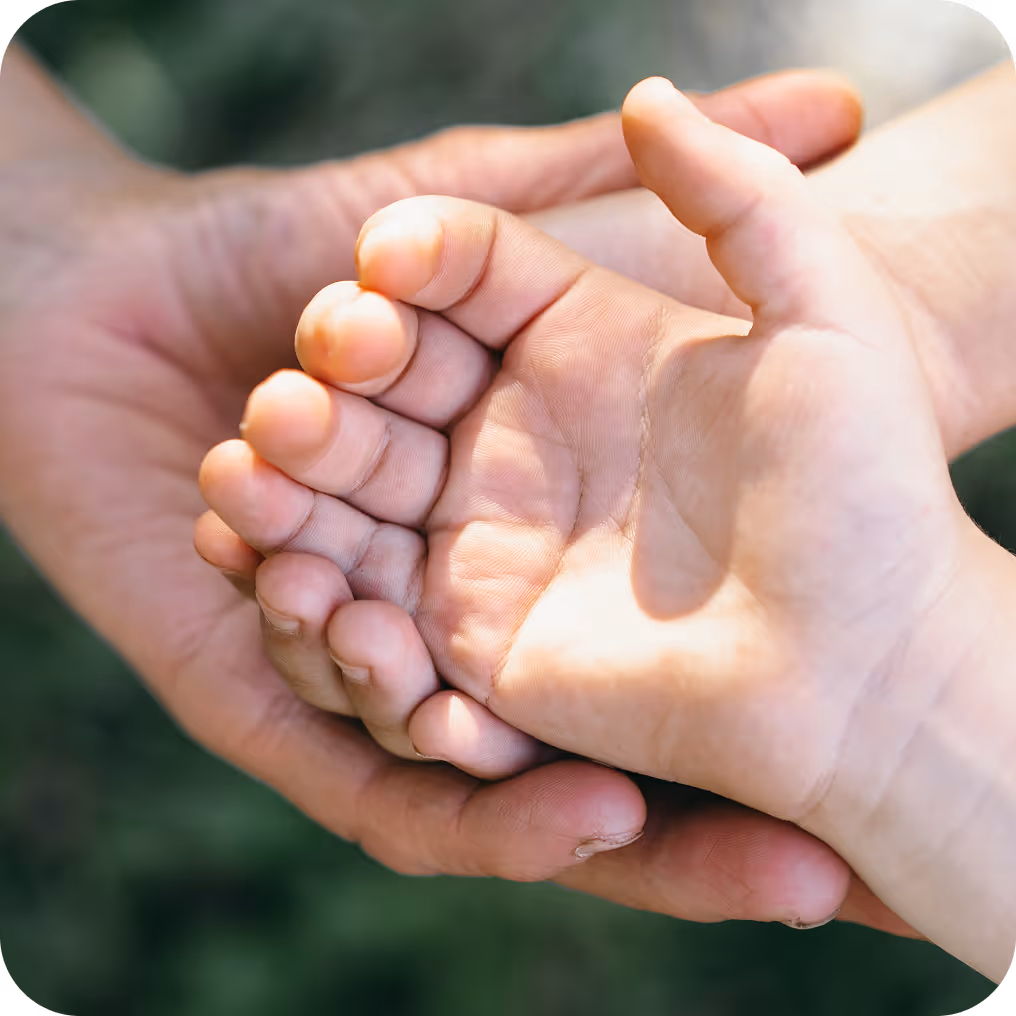Adult hand gently holding a child's hand outdoors with blurred greenery background.