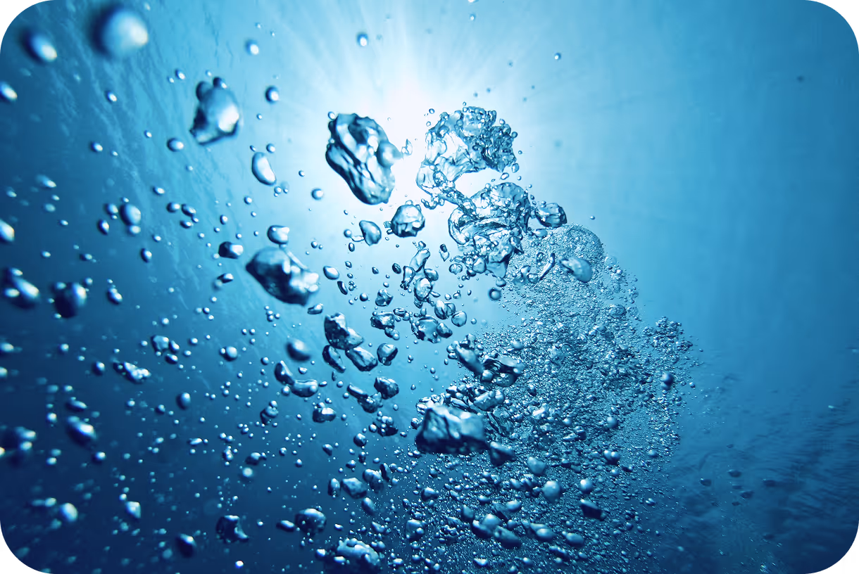 Bubbles rising underwater with sunlight shining through the water surface.