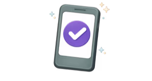 Smartphone displaying a white screen with a large purple circle containing a white check mark in the center.
