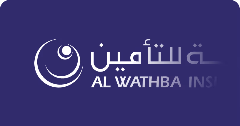 Logo of Al Wathba Insurance with stylized crescent and circle symbol on a dark blue background.