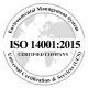 ISO 14001:2015 Certified Company green certification seal with text and a leaf symbol.