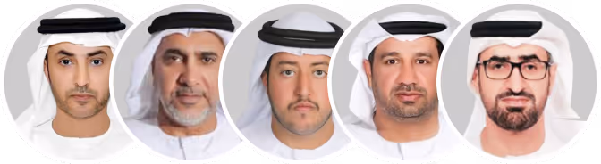 Five men wearing traditional Emirati clothing and white head coverings posing for portrait photos.