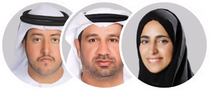 Three portraits of Middle Eastern people, two men wearing traditional white headscarves and one woman wearing a black hijab.