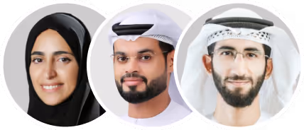Portraits of three smiling people wearing traditional Middle Eastern clothing on a white background.