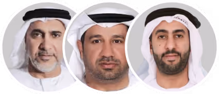Portraits of three men wearing traditional white Middle Eastern attire and head coverings.