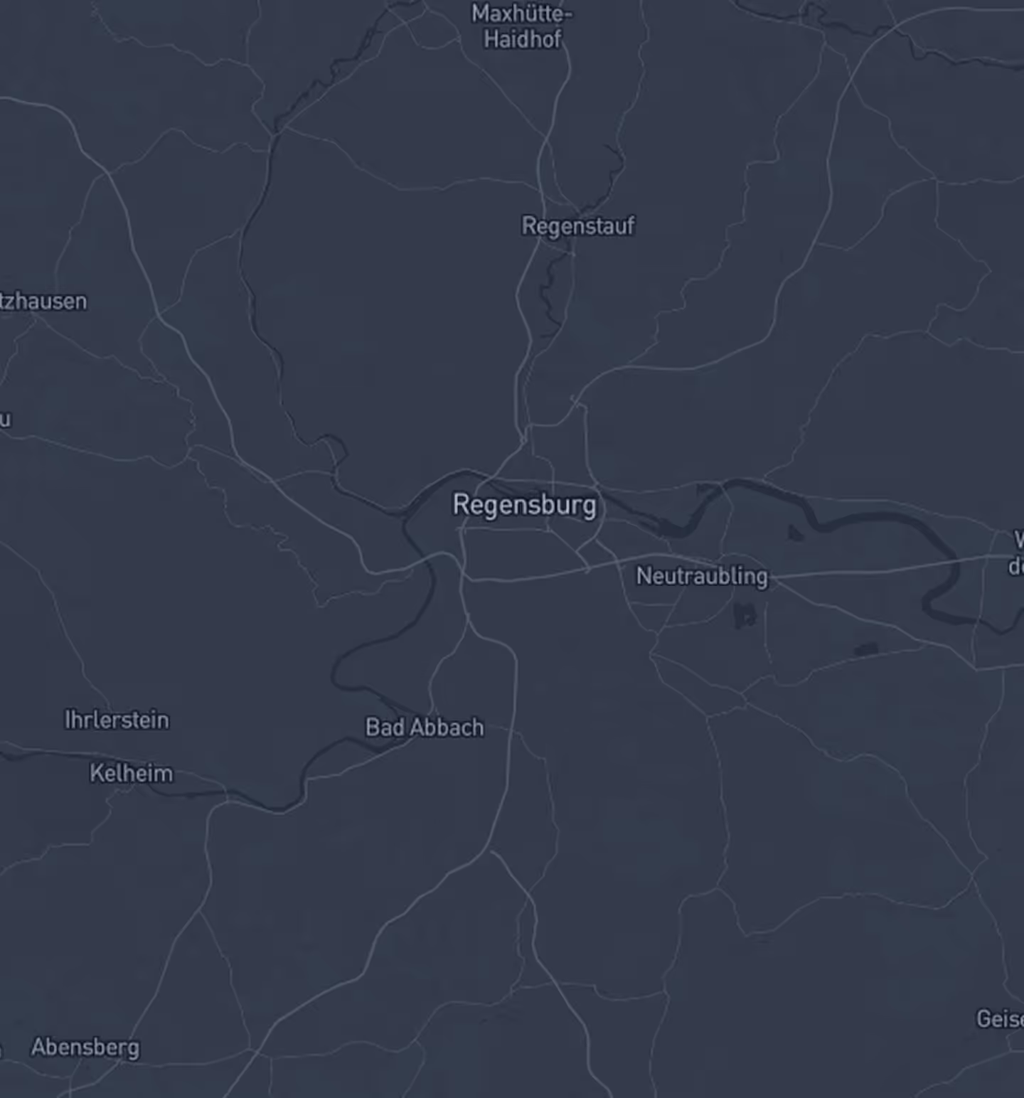 Map showing Regensburg and nearby towns like Neutraubling, Kelheim, and Bad Abbach in Germany.